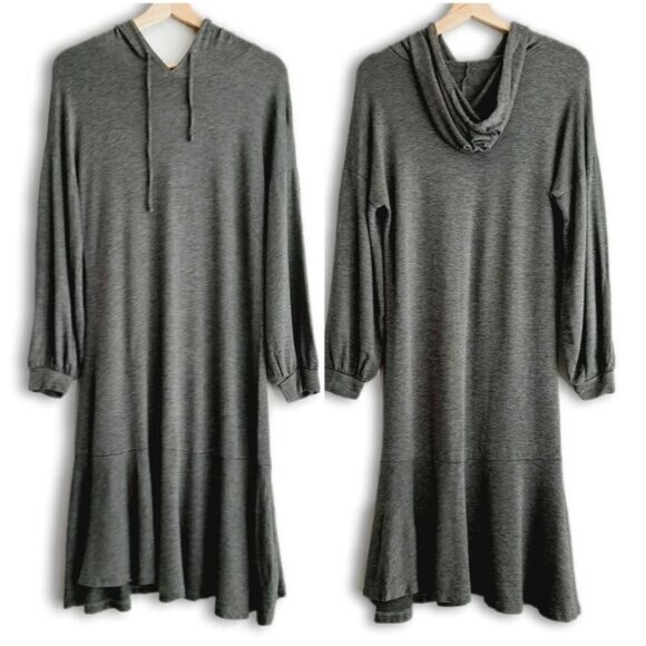 EDISTA | Los Angeles Ruffle Hem Sweatshirt Midi Dress w/ Hood Gray Sz M - Picture 1 of 12